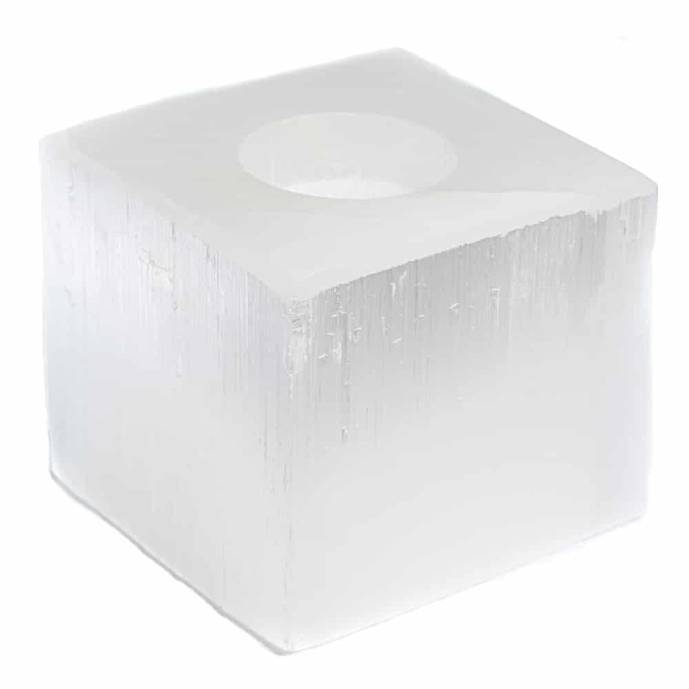 Waxinelichthouder Edelsteen Seleniet Kubus ca 1100 gram (8 x 8 cm)
